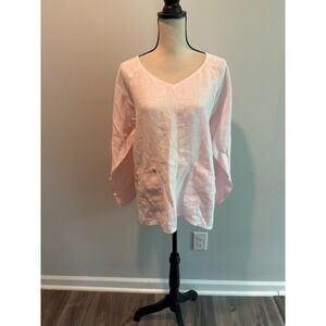 Match Point Pink Linen Tunic Top V-Neck Pocket Blouse Women's size Medium